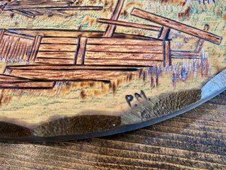 Oval wood carved Cabin Landscape