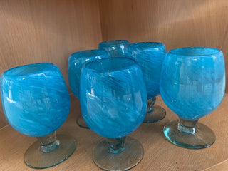 Crate and Barrel Hand Blown Glass Aqua Goblets (Set of 6)