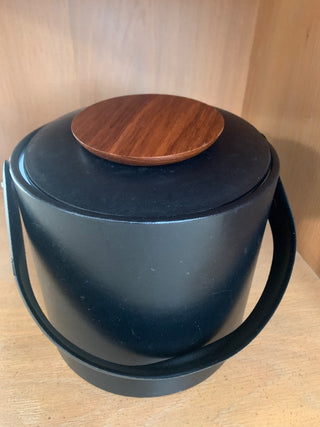 MCM Georges Briard Faux Black Leather and Teakwood Ice Bucket