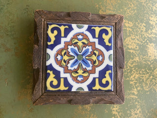 Vtg Wood Framed Mexican Tile Trivet-2