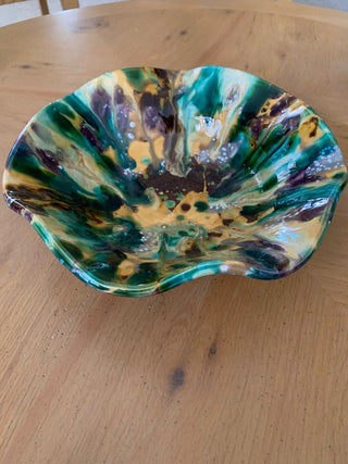 Vintage Hand Crafted 11 inch Drip Glazed Pottery Bowl