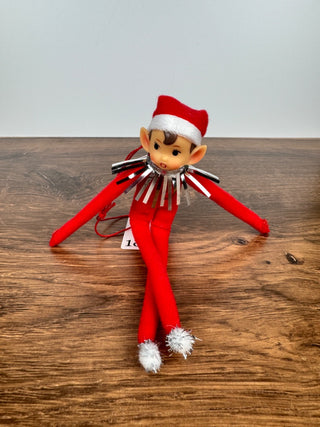 Red Elf Ornament with Tinsel Collar & Felt Hat - Bendable