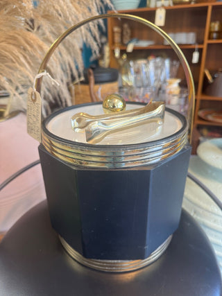 Vintage, 1960 black vinyl &gild delist ice bucket with tongs