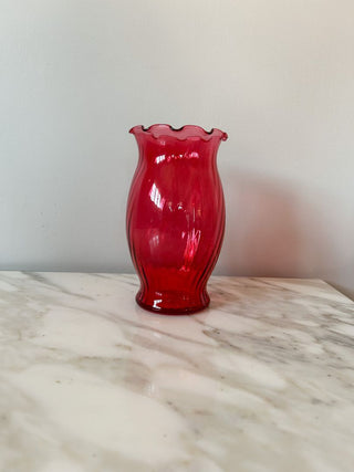 6.5"H Cranberry Glass Vase w/ Swirl Pattern & Crimped Edge