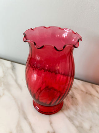 6.5"H Cranberry Glass Vase w/ Swirl Pattern & Crimped Edge