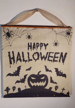 Happy Halloween Graveyard Scene Hanging Burlap Wall Tapestry