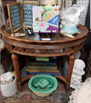 Oval Tea Table w Removable Glass Tea Tray Ornate Carved Wood