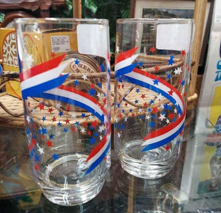 (2) "Red, White & Blue Stars Stripes"  By Libbey Glass Co.,16oz glass tumbler set. FIRM - Price is Firm