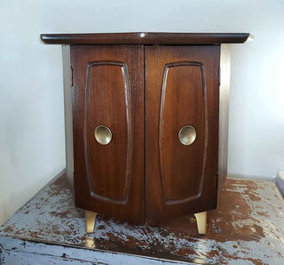 MCM Mersman style occasional Table with lower cabinet storage, walnut & Formica (As-Is)