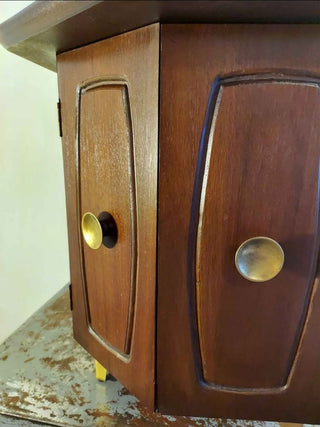 MCM Mersman style occasional Table with lower cabinet storage, walnut & Formica (As-Is)