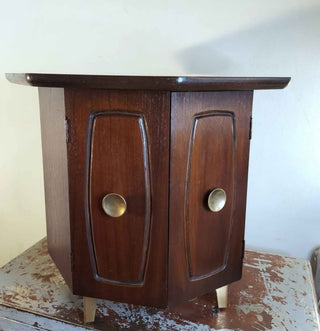 MCM Mersman style occasional Table with lower cabinet storage, walnut & Formica (As-Is)