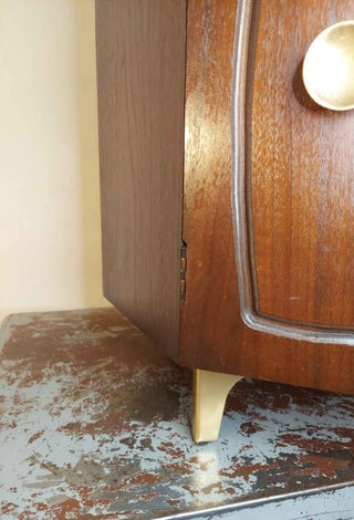 MCM Mersman style occasional Table with lower cabinet storage, walnut & Formica (As-Is)