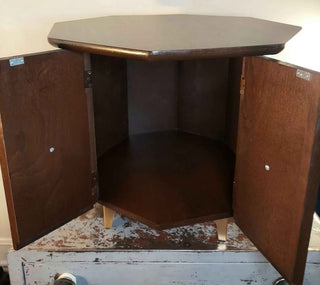 MCM Mersman style occasional Table with lower cabinet storage, walnut & Formica (As-Is)