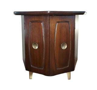 MCM Mersman style occasional Table with lower cabinet storage, walnut & Formica (As-Is)
