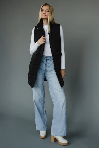 Black Long Puffer Vest – Women’s Quilted Fall & Winter Vest - Large