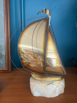Vintage Demott sailboat brass and copper sculpture set on stone