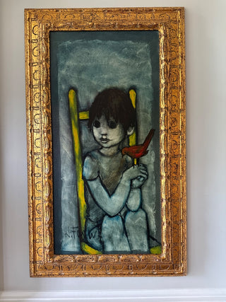 J. Faquet Framed Big Eyed Child with Bird Oil on Canvas Painting -