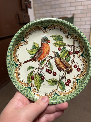 Two Robin, tin circle dish. England