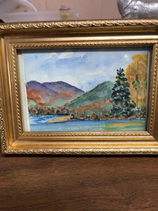 Watercolor mountain lake, framed