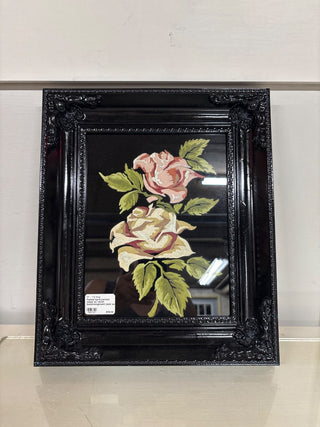 Framed hand painted roses on velvet background ( sold as a pair)