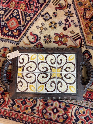 Vintage,1970 hand carved wooden/ tile charcuterie board/ serving tray