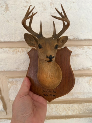 Resin stag head on wood shield