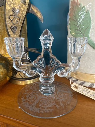 Vintage, 1940 s elegant,Orchid etching pattern,crystal glass 2 light candle holder