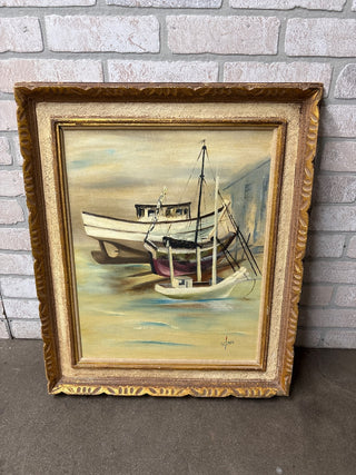 Signed Vintage Tugboat oil in frame (as is)