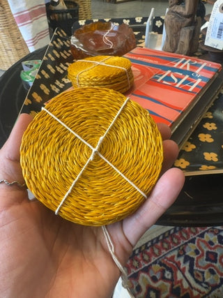 Vintage,rattan woven boho coasters (set of 5) in yellow