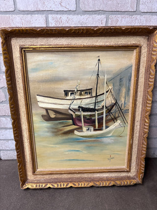 Signed Vintage Tugboat oil in frame (as is)