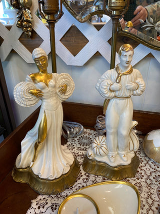 Pair 1930-1940 Deco Figural Gold Trim Ceramic Lamps