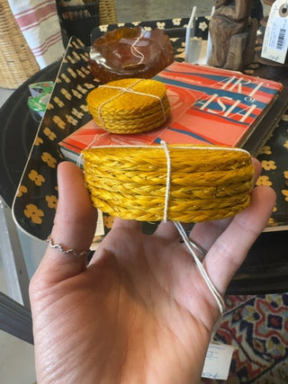 Vintage,rattan woven boho coasters (set of 5) in yellow