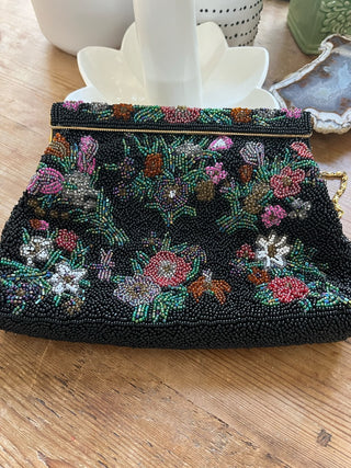 Beaded Black with Floral Purse