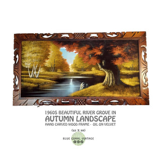 1960s Beautiful River Grove in Autumn Landscape Hand Carved Wood Frame -  Oil On Velvet - Chuy Moran workshop, Bob Ross style (AS-IS)