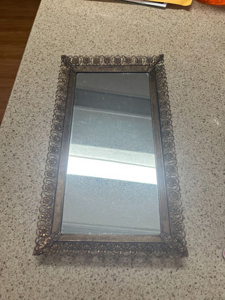 VTG Brass Filigree Rim Mirror Perfume Footed Tray