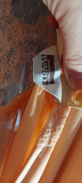SALE - Montgomery ward 1970's Maxi, 22 Peach, Lace and ruffle Sleeve Dress