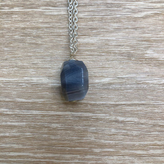 Blue Faux Marble Stone Necklace with Silverplate