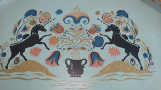 RARE Midcentury Hand painted Folk Art Unicorns Large Aqua Tole Serving Tray by E.T. Nashco New York