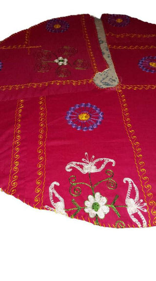 36" suzani multicolor hand embroidered red folk art tree skirt