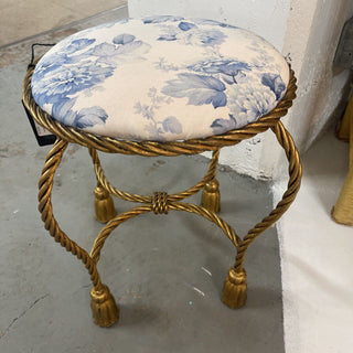 Mid Century Italian gilded tassel vanity stool newly reupholstered in blue & white FIRM