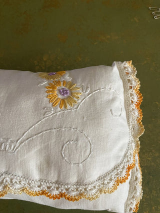 Vintage Pillow from Upcycled Table Runner-Orange Daisy design