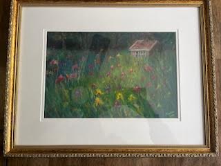 Field of Flowers with Shed in gold frame