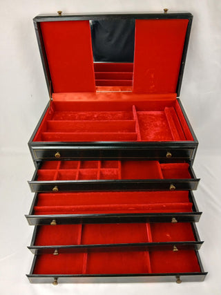 EB Large Jewelry Box in Black with Red Velvet Lined Drawers Trunk