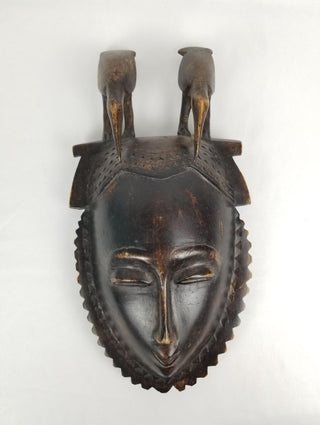 Yaoure African Mask Ivory Coast Carved Wood Birds on Top Lo Mask Round Tribal Decor Funeral Ceremony Face Made of Wood Akan Ghana Ashanti