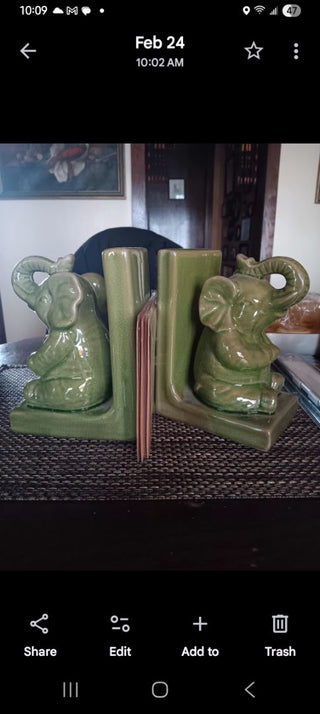 Sweet Green Ceramic Elephant Bookends