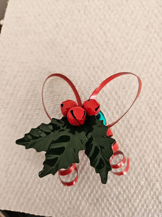 Metal Holly and Ribbon Pin