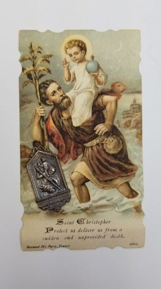 Saint Christopher Medal Art Deco Prayer Card Pendant Protect Shield Prayer Sacred Heart Religious Icon Christian Christmas Antique Rosary