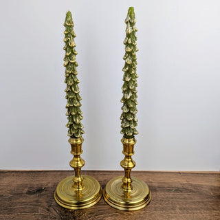 10" Tall Green Tree Shaped Tapered Candles with Gold Tips | Unscented | Paraffin Wax