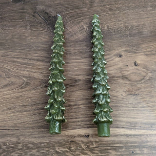 10" Tall Green Tree Shaped Tapered Candles with Gold Tips | Unscented | Paraffin Wax