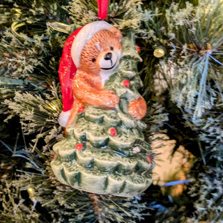 Teddy Bear Hugging a Christmas Tree Ornament